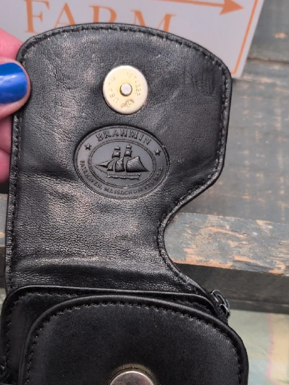 Brahmin Black Leather Wristlet Phone Case with Snap Closure